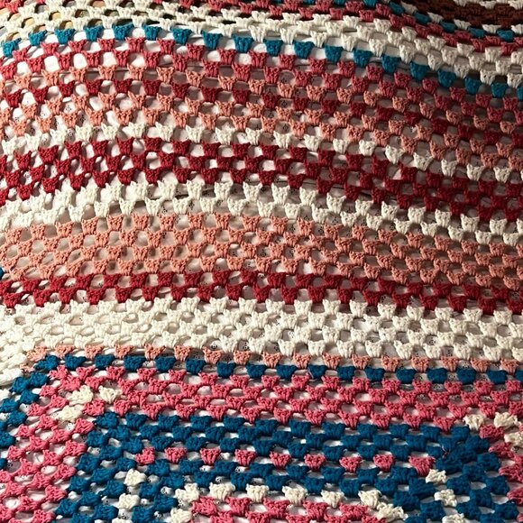 VTG Handmade Crochet Granny Square Afghan Blanket Pink Blue White Cozy Home - Picture 8 of 16